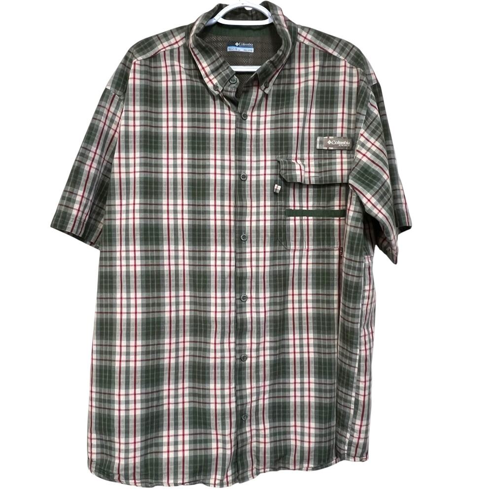 Columbia PFG Shirt Mens XXL Plaid Short Sleeve Fishing Button Up Green Vented